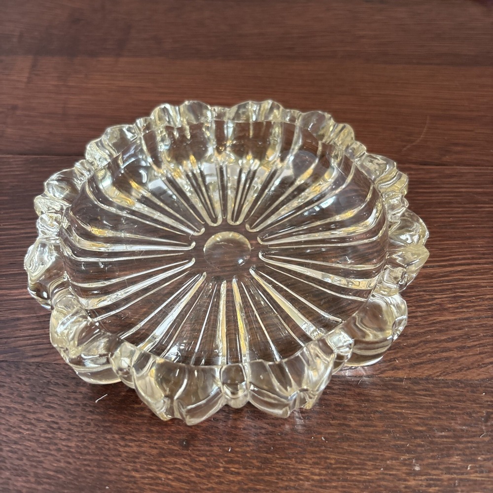 Vintage Hazel Atlas Light Amber Glass Round Starburst Fluted Ashtray